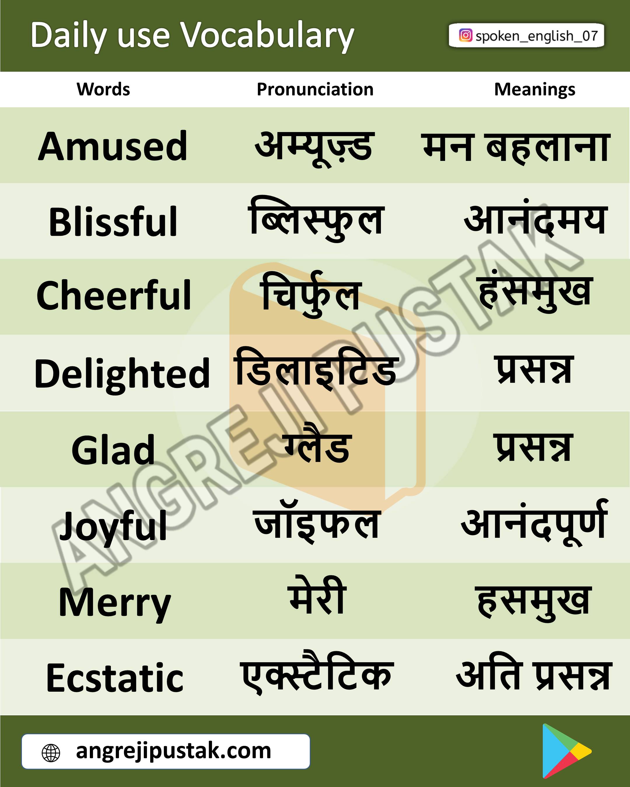 Daily Use English Words List With Hindi Meaning With PDF And Images 